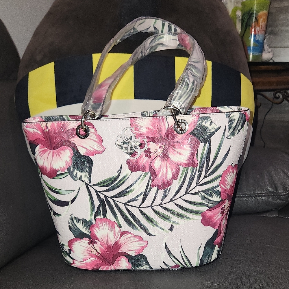Guess Pink and White Floral Tote Bag